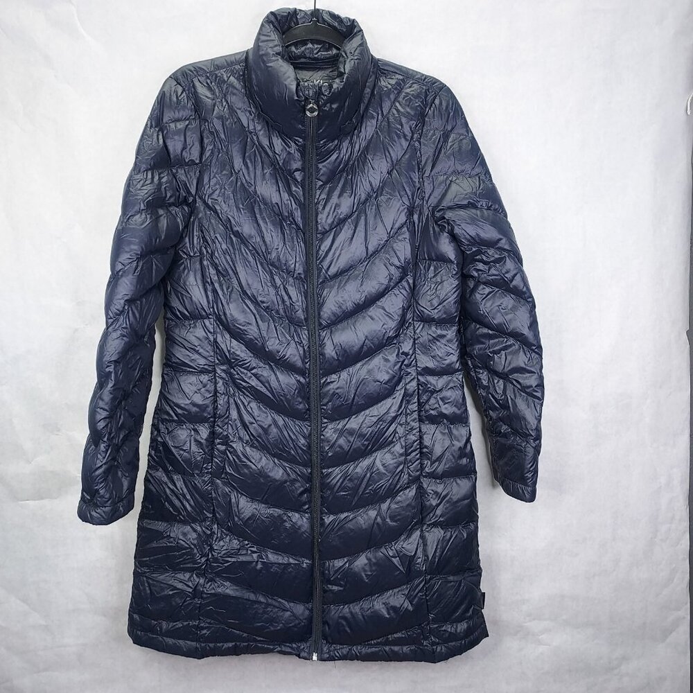 Calvin Klein Puffer Jacket Womens M Premium Down Long Packable Quilted Navy Flaw